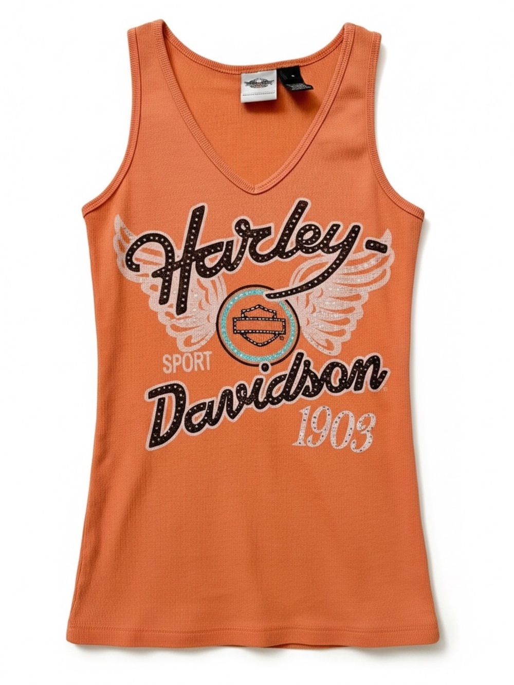 Harley Davidson Orange Ribbed Tank Top Studded Logo Y2K USA Retro Size Small